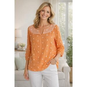 Talbots Women Shirt 2X Plus Embroidered Smocked Sunrise Dot Boho Peasant Coastal